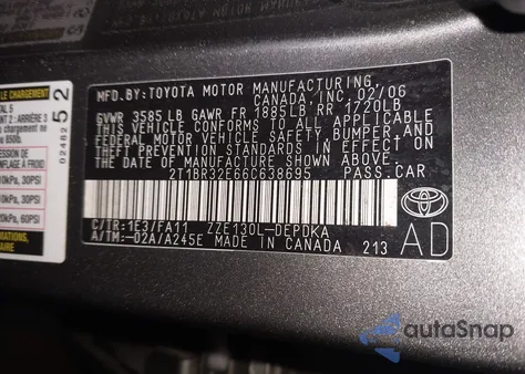 2006 Toyota Corolla Ce z USA, uszkodzony, nr VIN 2T1BR32E66C638695